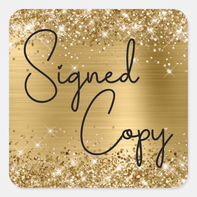 Glittery Gold Foil Cute Heart Signed Copy Square Sticker (Front)
