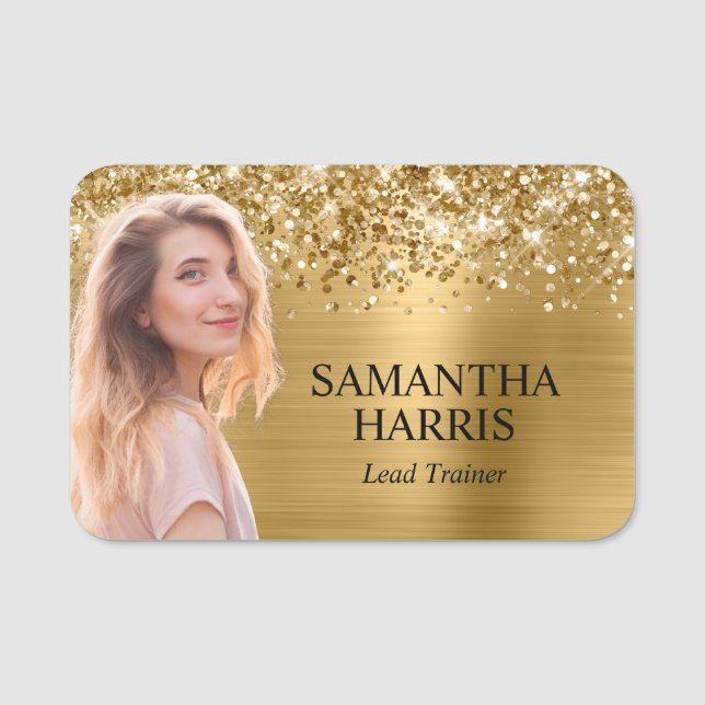 Glittery Gold Foil Cutout Photo Name Tag (Front)