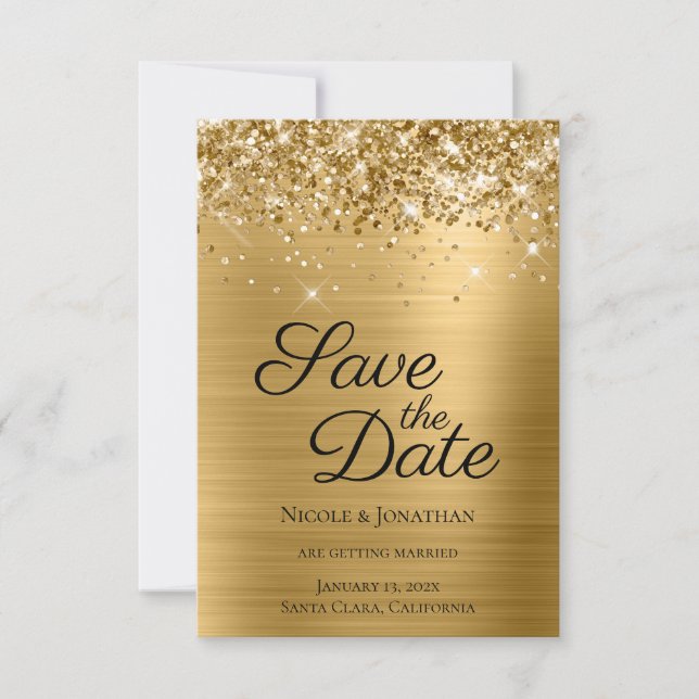 Glittery Gold Foil Elegant Calligraphy Save The Date (Front)
