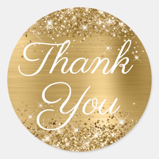 Glittery Gold Foil Elegant Calligraphy Thank You Classic Round Sticker (Front)