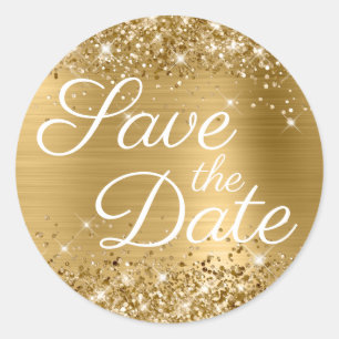 Glittery Gold Foil Elegant Save the Date Classic Round Sticker