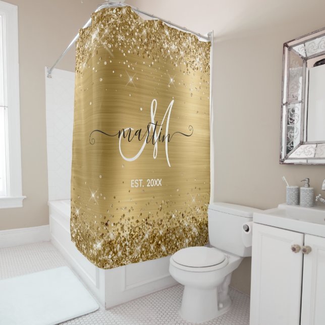 Glittery Gold Foil Family Monogram Shower Curtain (In Situ)