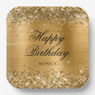 Glittery Gold Foil Fancy Happy Birthday Paper Plate