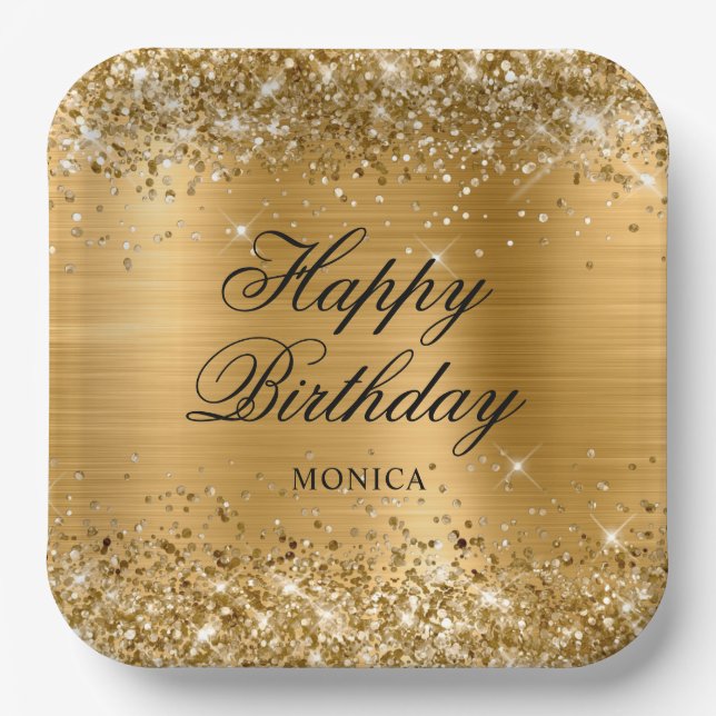 Glittery Gold Foil Fancy Happy Birthday Paper Plate (Front)