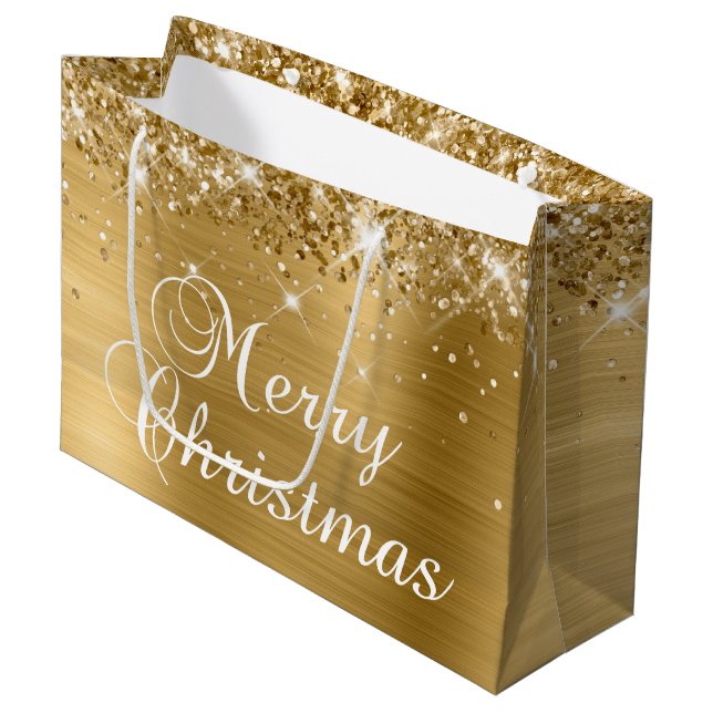 Glittery Gold Foil Fancy Merry Christmas Large Gift Bag (Front Angled)