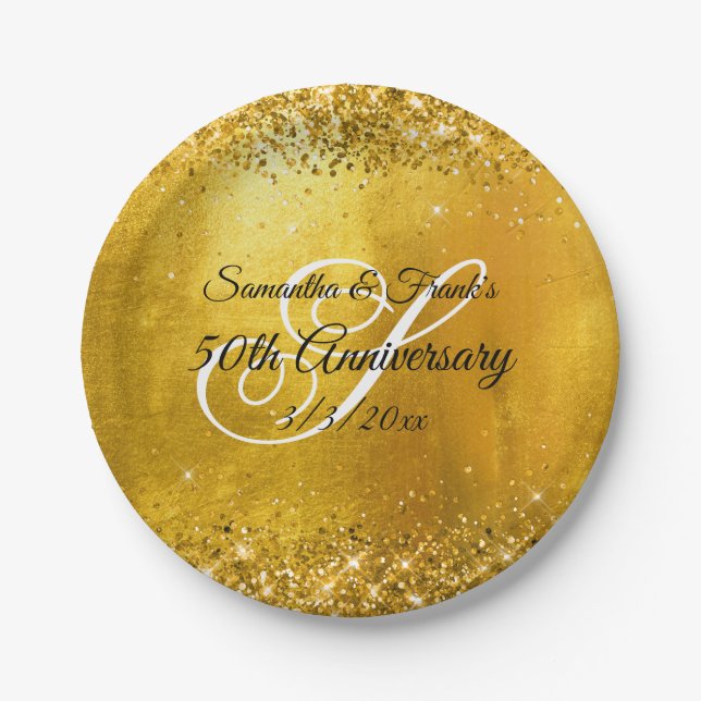 Glittery Gold Foil Fancy Monogram 50th Anniversary Paper Plate (Front)
