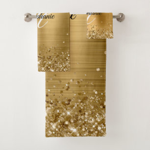 Glittery Gold Foil Fancy Monogram Bath Towel Set