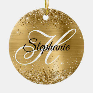 Glittery Gold Foil Fancy Monogram Ceramic Tree Decoration