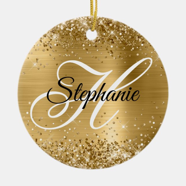 Glittery Gold Foil Fancy Monogram Ceramic Tree Decoration (Front)