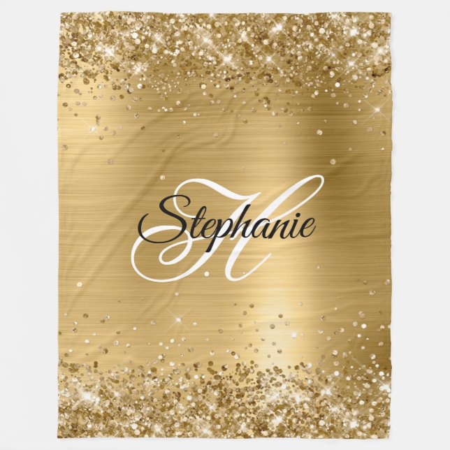 Glittery Gold Foil Fancy Monogram Fleece Blanket (Front)