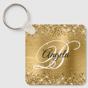 Glittery Gold Foil Fancy Monogram Key Ring
