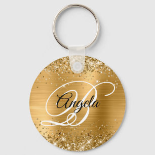 Glittery Gold Foil Fancy Monogram Key Ring