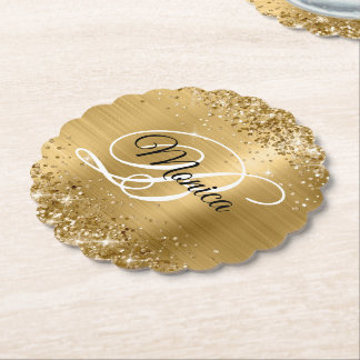 Glittery Gold Foil Fancy Monogram Paper Coaster