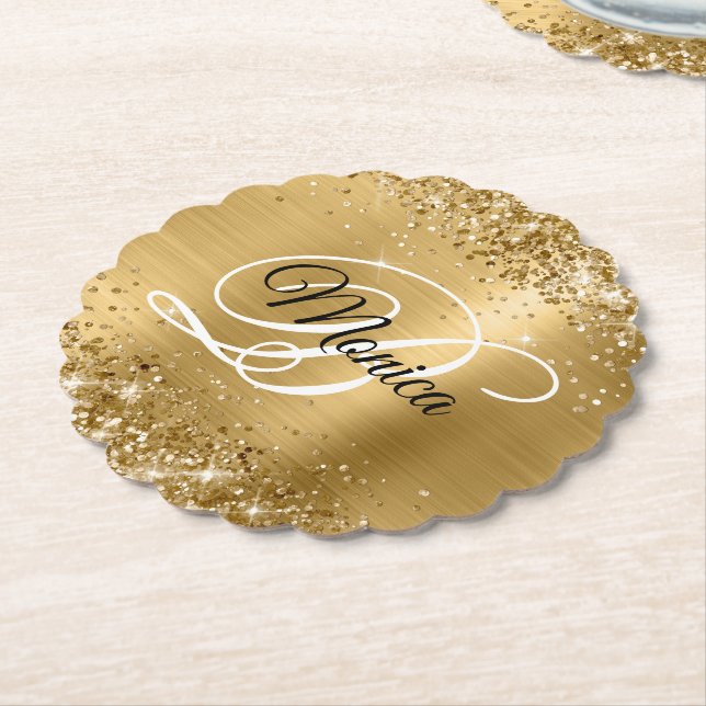 Glittery Gold Foil Fancy Monogram Paper Coaster (Angled)