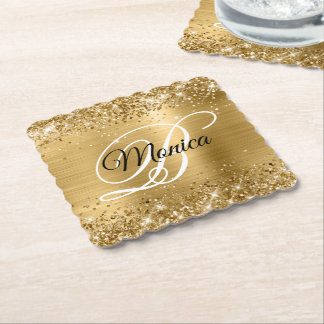 Glittery Gold Foil Fancy Monogram Paper Coaster