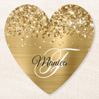 Glittery Gold Foil Fancy Monogram Paper Coaster
