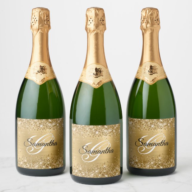 Glittery Gold Foil Fancy Monogram Sparkling Wine Label (Bottles)