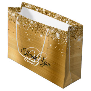Glittery Gold Foil Fancy Monogram Thank You Large Gift Bag
