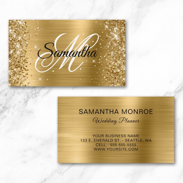 Glittery Gold Foil Fancy Monogram Wedding Planner Business Card (Glittery Gold Foil Fancy Monogram Wedding Planner Business Card)