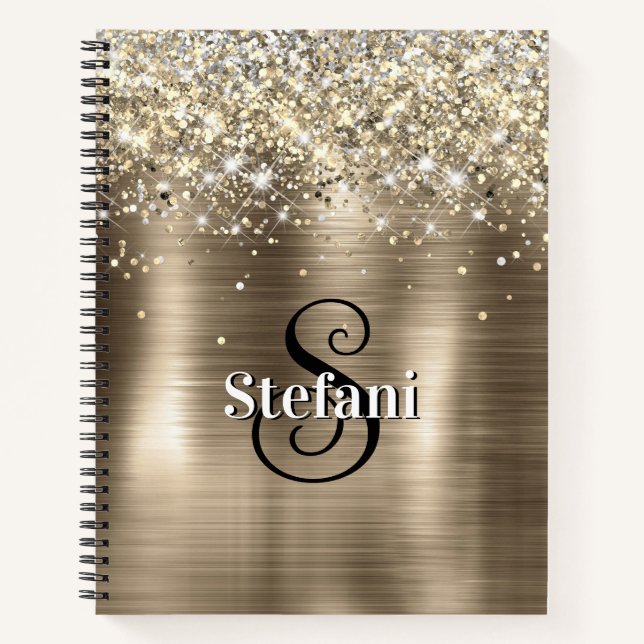 Glittery Gold Foil Faux Glitter Monogram Notebook (Front)