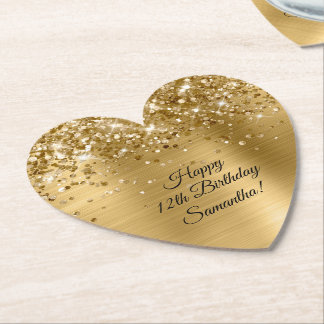 Glittery Gold Foil Happy 12th Birthday Paper Coaster
