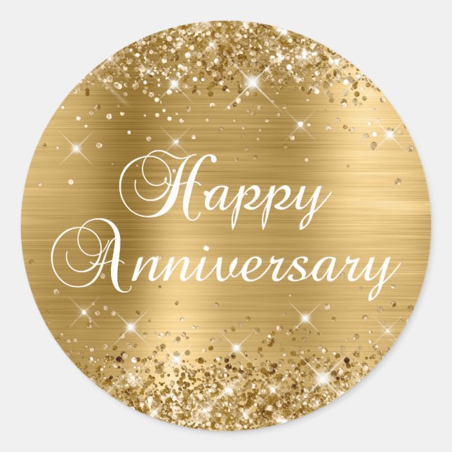 Glittery Gold Foil Happy Anniversary Classic Round Sticker (Front)