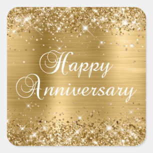 Glittery Gold Foil Happy Anniversary Square Sticker
