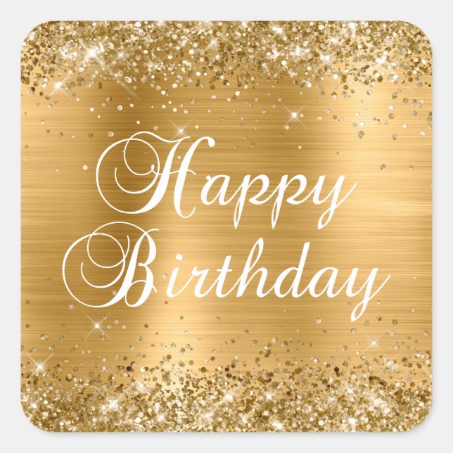 Glittery Gold Foil Happy Birthday Square Sticker (Front)
