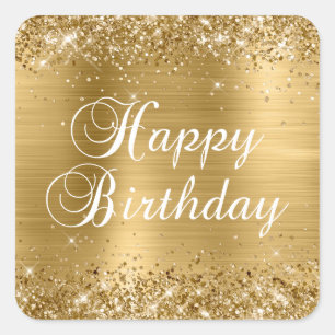 Glittery Gold Foil Happy Birthday Square Sticker