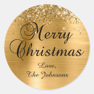 Glittery Gold Foil Merry Christmas Family Classic Round Sticker