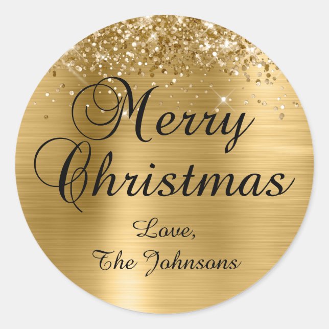 Glittery Gold Foil Merry Christmas Family Classic Round Sticker (Front)