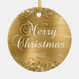 Glittery Gold Foil Merry Christmas Family Photo Ceramic Tree Decoration