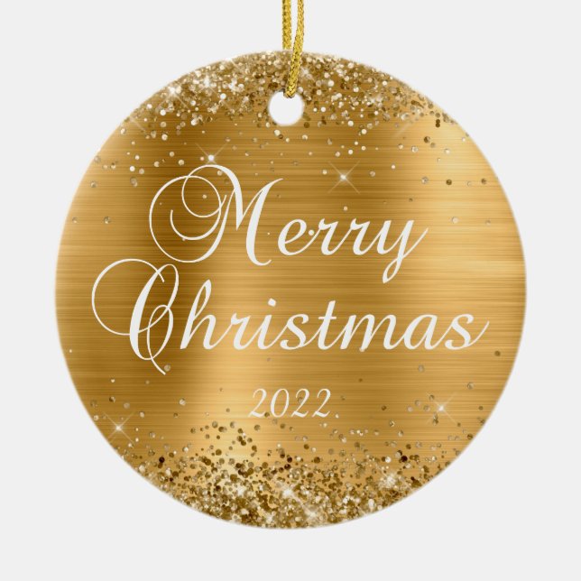 Glittery Gold Foil Merry Christmas Family Photo Ceramic Tree Decoration (Front)