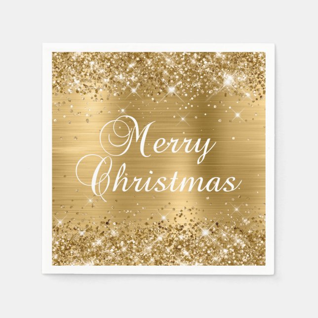 Glittery Gold Foil Merry Christmas Napkin (Front)