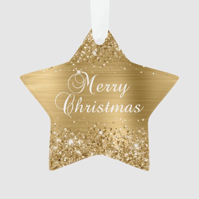 Glittery Gold Foil Merry Christmas Ornament (Front)
