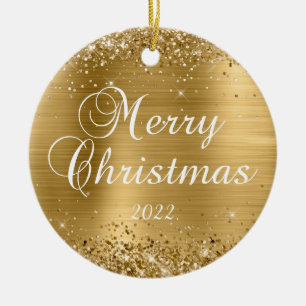 Glittery Gold Foil Merry Christmas Photo Ceramic Tree Decoration
