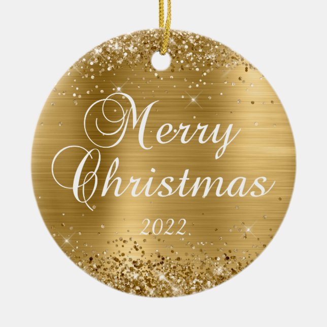 Glittery Gold Foil Merry Christmas Photo Ceramic Tree Decoration (Front)