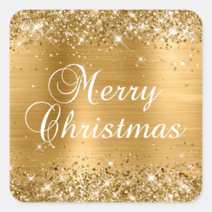 Glittery Gold Foil Merry Christmas Square Sticker