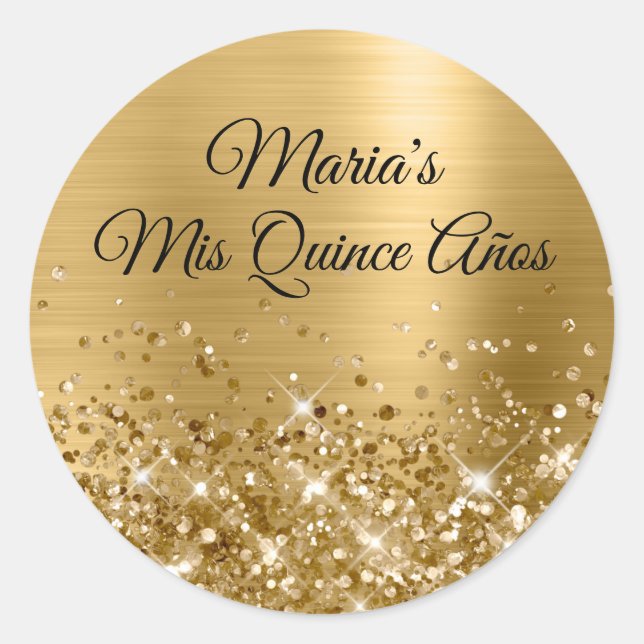 Glittery Gold Foil Mis Quince Años Classic Round Sticker (Front)