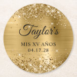 Glittery Gold Foil Mis XV Anos Birthday Round Paper Coaster<br><div class="desc">Create your own Mis XV Anos or quinceanera 15th birthday party round paper coasters. Girly faux sparkly gold glitter on the top and bottom edge, over a faux golden brushed metal style ombre foil. Customise the font styles to create your own design for her special celebration. A classic elegant calligraphy...</div>