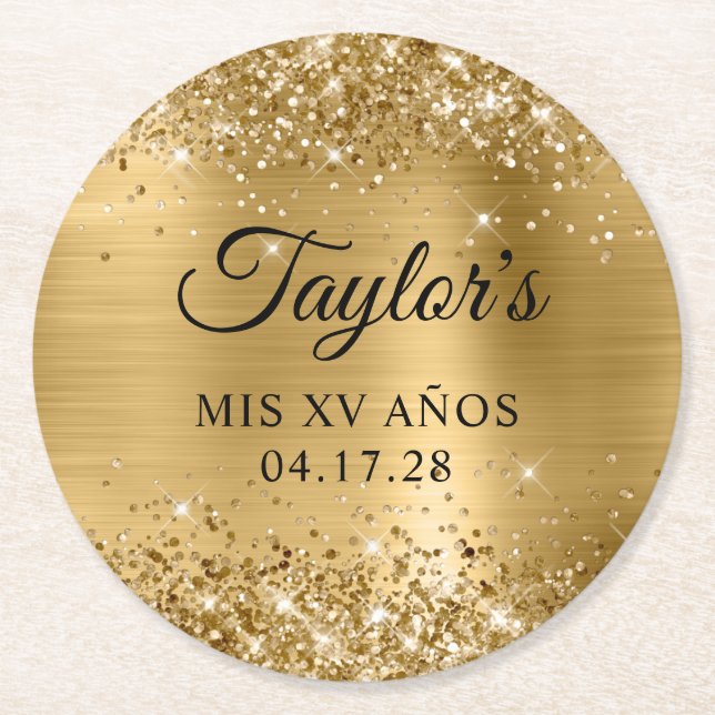 Glittery Gold Foil Mis XV Anos Birthday Round Paper Coaster (Front)
