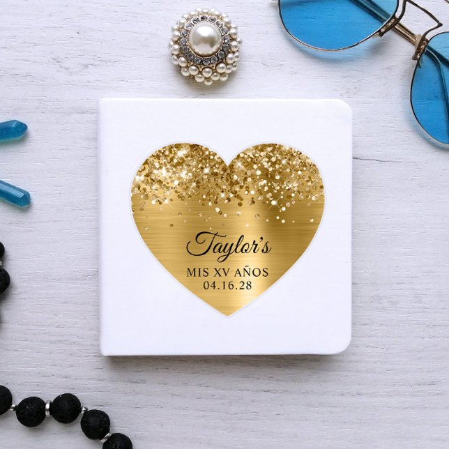 Glittery Gold Foil Mis XV Años Heart Shape (Heart Shaped Sticker for Her Guest Book)
