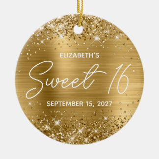 Glittery Gold Foil Modern Fancy Sweet 16 Photo Ceramic Tree Decoration