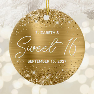 Glittery Gold Foil Modern Fancy Sweet 16 Photo Ceramic Tree Decoration