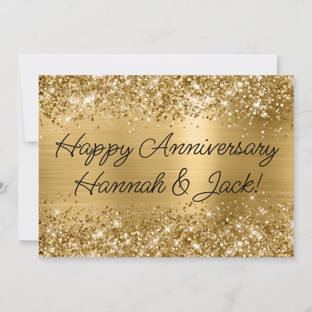 Glittery Gold Foil Modern Happy Anniversary Card (Front)