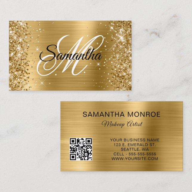 Glittery Gold Foil Monogram QR Code Business Card (Front/Back)