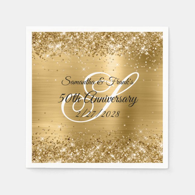 Glittery Gold Foil Monogrammed 50th Anniversary Napkin (Front)