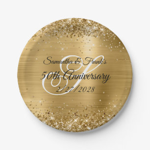 Glittery Gold Foil Monogrammed 50th Anniversary Paper Plate