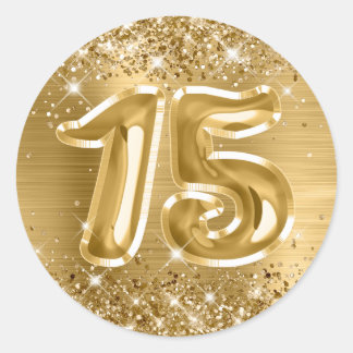 Glittery Gold Foil Number 15 Birthday Classic Round Sticker