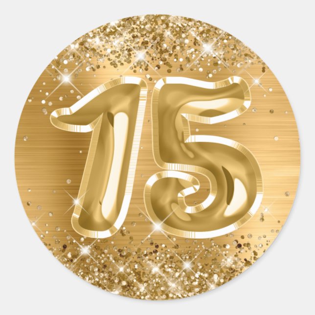 Glittery Gold Foil Number 15 Birthday Classic Round Sticker (Front)